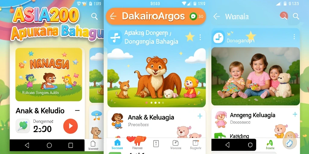 Tampilan antarmuka menarik aplikasi ASIA200 untuk dongeng audio.