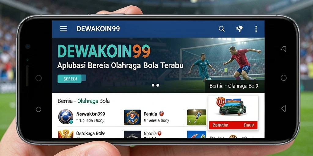 Antarmuka aplikasi DEWAKOIN99 dengan informasi dan berita olahraga bola.