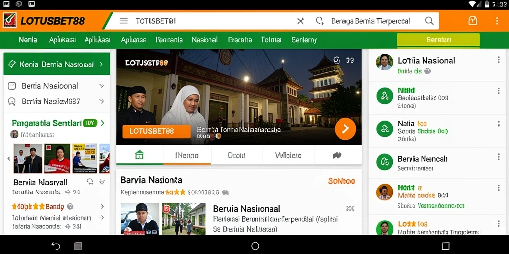 Antarmuka pengguna aplikasi LOTUSBET88 menampilkan berita nasional terkini.