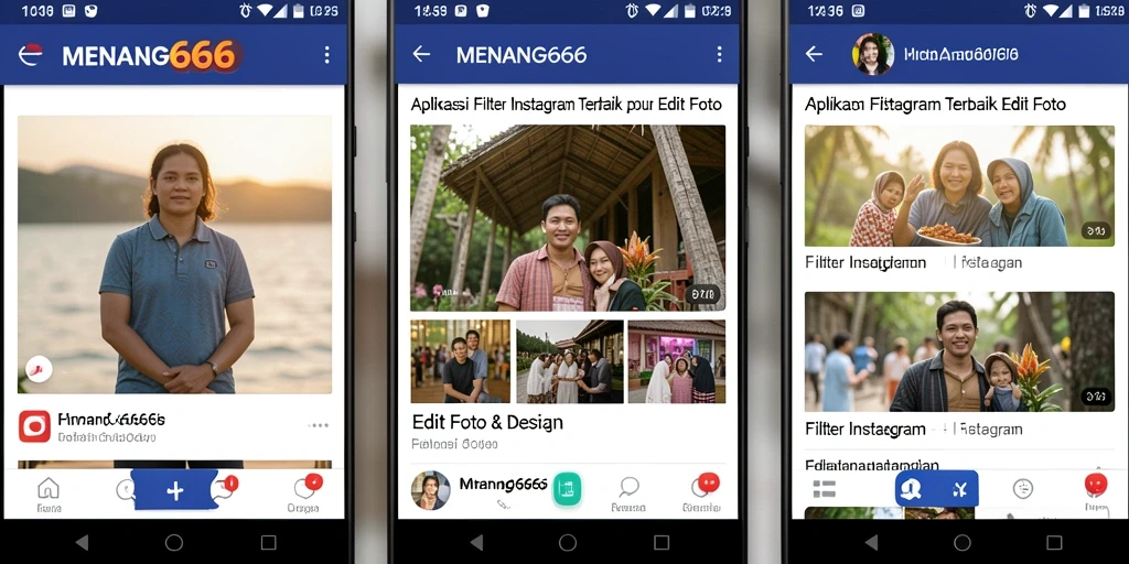 Tampilan antarmuka aplikasi MENANG666 dengan berbagai opsi filter Instagram.
